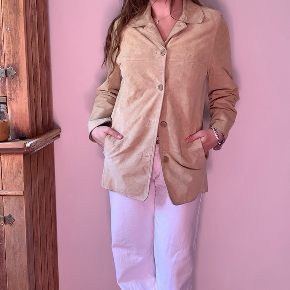2000s Suede Tan Leather Blazer Jacket - Picture 2 of 7